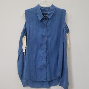 Rails Top Womens sz L Cold Shoulder Romy Linen Blend Chambray Button Up Shirt